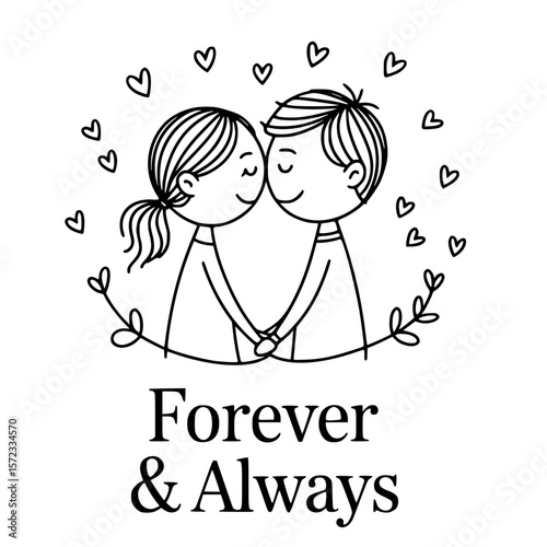Eternal Devotion: Captivating illustration depicts two loving individuals, embraced by a circle of hearts and greenery, with the timeless phrase Forever & Always.