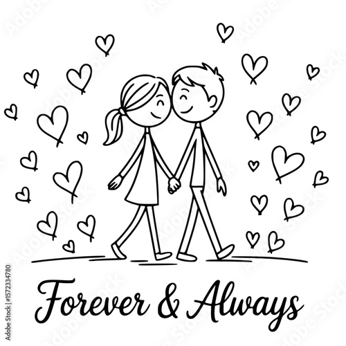Forever & Always: A whimsical illustration of a couple walking hand-in-hand amidst a shower of hearts, embodying the timeless promise of love and devotion.