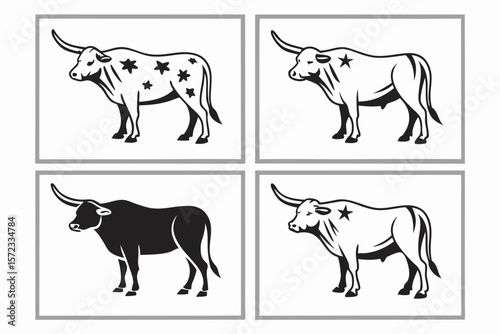 Vector art of a set of longhorn cattle silhouettes, representing the spirit of texas and the west