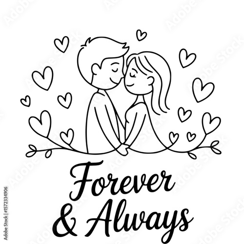 Eternal Embrace: A tender embrace between two souls, their connection blossoms amidst floating hearts and gentle curves, underscored by the promise of Forever & Always.