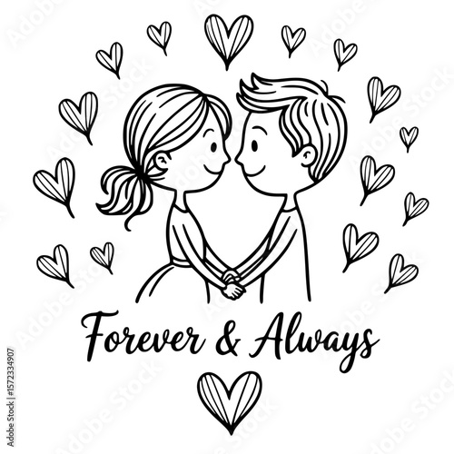 Eternal bond: A pair of youthful, drawn figures with a backdrop of delicately drawn hearts to create a harmonious scene of love, affection, and everlasting connection.