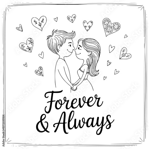 Eternal Embrace: A tender moment captured as a pair of lovers stand together. The line art style adds a layer of sophistication, evoking feelings of commitment and endearment. 