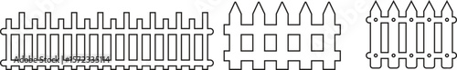 Wooden Fence line art Icon set. Classic Garden Fencing Symbol. Simple Fence cassic picket fence that embodies simplicity and security its clean line and rustic charm.collection of Garden fence wooden.