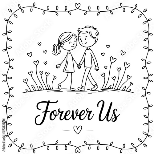 Forever Us: Hand-in-hand, a couple strolls through a whimsical field of hearts, an embodiment of everlasting love, a perfect blend of simplicity and deep emotion.
