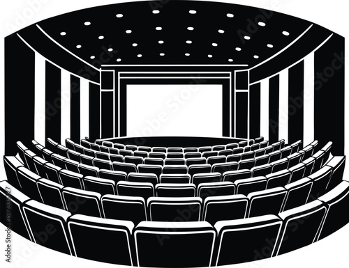 Vector art of an empty movie theater awaits the audience for the next cinematic experience