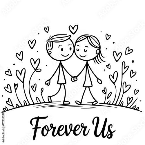 Forever Us: A charming hand-drawn illustration of two stick figures in love, walking hand-in-hand amidst hearts and floral elements, symbolizing everlasting affection.