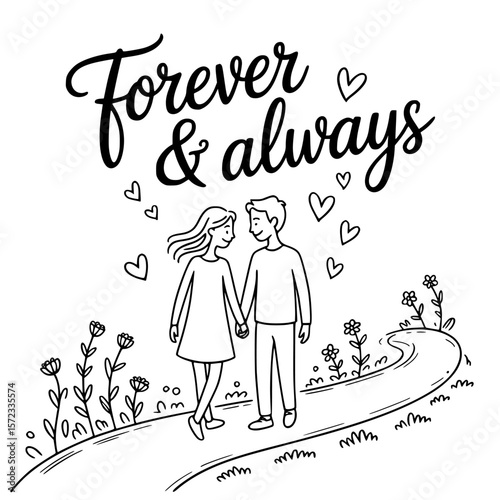 Eternal Bond: A tender black and white illustration of a couple walking hand in hand, surrounded by hearts and flowers, symbolizing everlasting love.