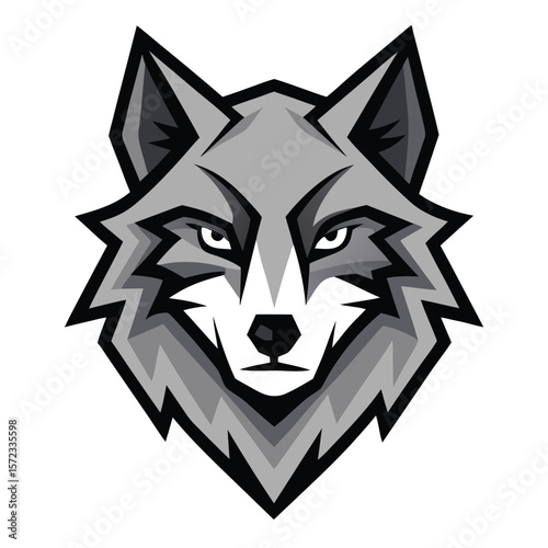 A focused wolf's head stares intently with piercing eyes in a stylized, symmetrical design