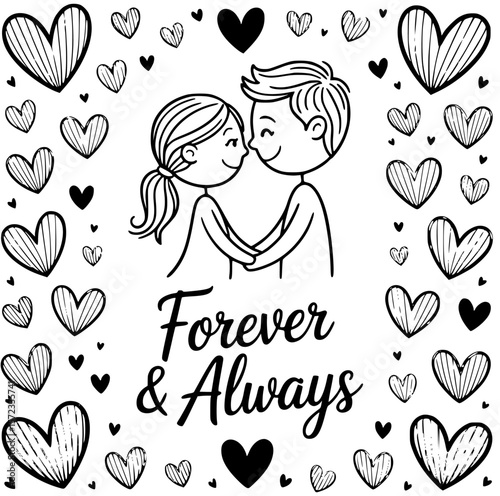 Eternal Affection: A tender depiction of enduring love, featuring a couple embraced by a multitude of delicately sketched hearts, representing the timeless bond of Forever & Always.