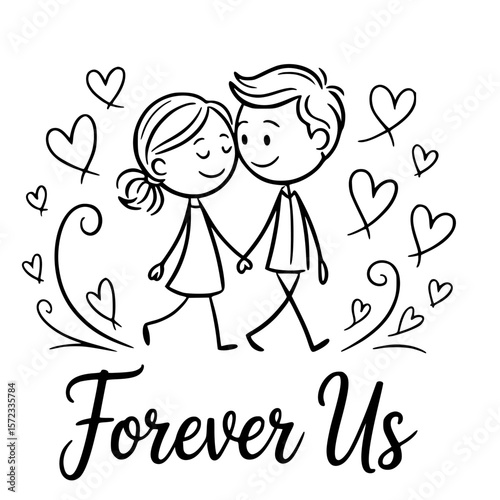 Forever Us: A charming illustration showcasing a couple holding hands and walking together, surrounded by hearts, embodying love, and everlasting commitment.