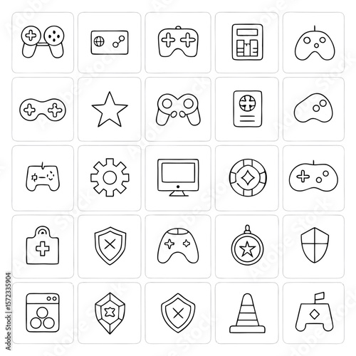 A collection of various game related icons including controllers, star, shield and other gaming elements