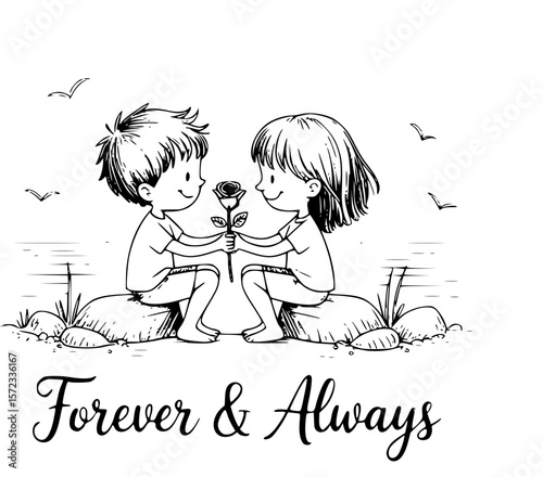 Forever & Always: A heartwarming illustration depicts two figures, sharing a delicate rose, and symbolizing the enduring bond of love, trust, and companionship.