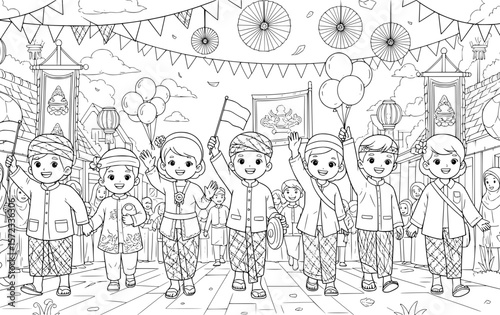 Children Dancing and Celebrating Traditional Festival with Balloons and Flags
