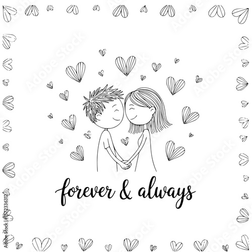 Eternal Devotion: A tender illustration captures a loving couple's connection with a forever & always message framed by whimsical hearts.
