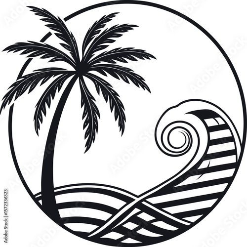 Vector art of a serene tropical island scene with a palm tree and a stylized ocean wave
