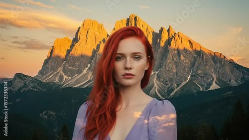 Woman with red hair in front of mountains at sunset