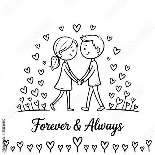 Eternal Bonds: A sweet depiction of enduring love unfolds as a couple strolls hand-in-hand, embraced by a flurry of hearts, symbolizing a commitment to 'forever and always'.