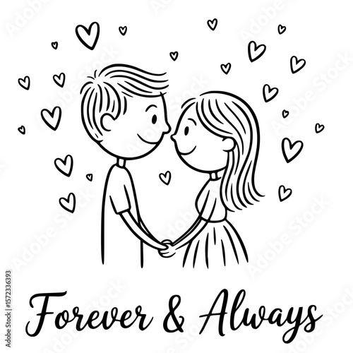 Eternal Bond: This endearing illustration captures a couple's intimate moment, radiating an ambiance of everlasting love and harmony, framed by symbolic hearts.
