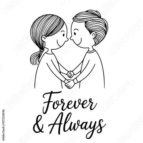 Eternal Devotion: Two figures, hand in hand, express love and commitment. Underneath, the words Forever & Always are elegantly scripted, signifying timeless bonds.