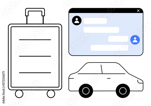 Chat window, suitcase, and car represent communication, travel, and transport. Ideal for travel logistics, booking services, mobile apps, transportation tourism online communication simple landing
