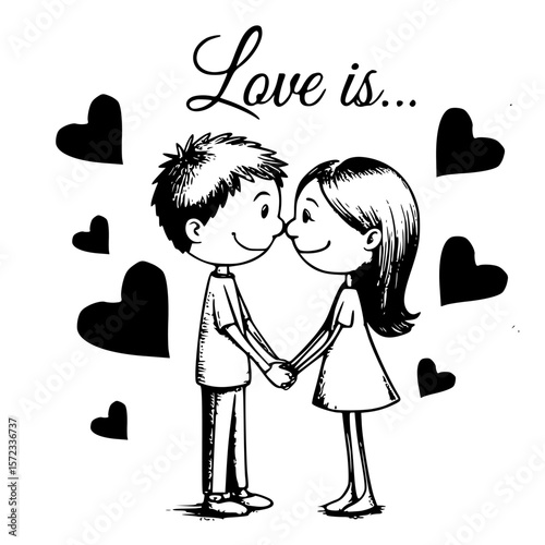Love is...: An intimate moment of love, Two cartoon characters holding hands and are close to kiss, surrounded by hearts. A visual metaphor for love, emotion and romance.
