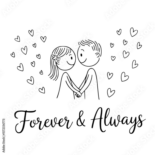 Forever and Always: A touching illustration of a couple sharing an intimate moment surrounded by heart symbols, symbolizing their bond of forever love.