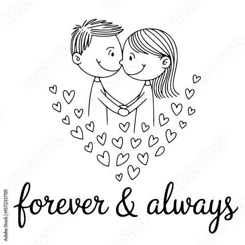 Eternal Hearts: A sweet couple with smiles holding hands amidst floating hearts, with Forever & Always script elegantly displayed.