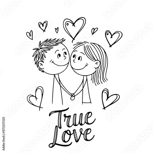 True Love Sketch: A charming doodle illustration of a loving couple, hand in hand, surrounded by hearts, with a script True Love message symbolizing affection.
