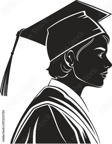 Vector art of a graduates profile in cap and gown, representing academic success and accomplishment