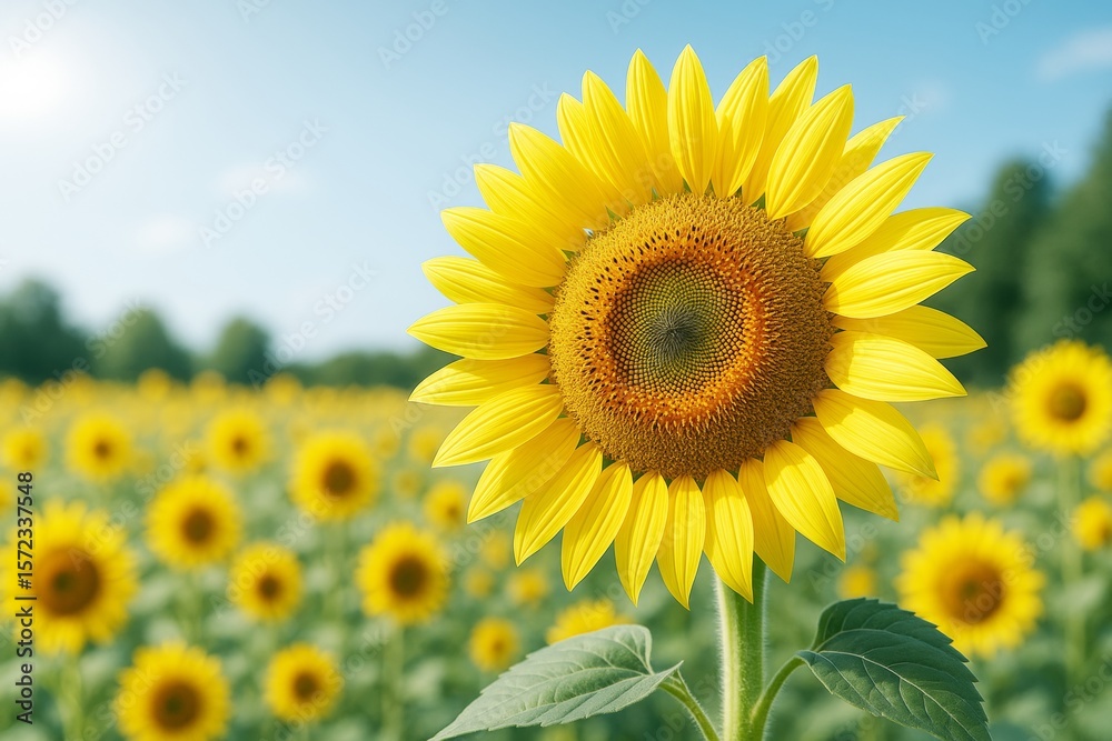 Bright sunflower in a vibrant summer field with soft natural light and blurred green background in a photorealistic 3D botanical composition. Bright sunflower in a vibrant summer field with soft natural light and blurred green background in a photorealistic 3D botanical composition.