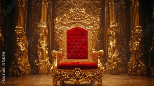 Ornate gold throne with red velvet cushion in a grand room.