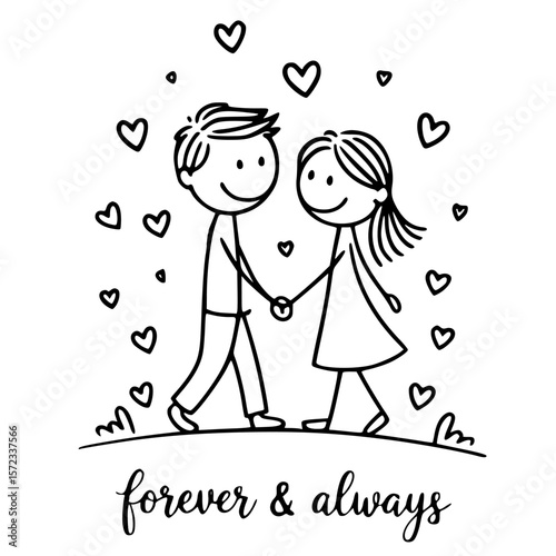 Forever and Always: A heartwarming illustration depicts a stick figure couple, holding hands as they walk together, surrounded by floating hearts and the promise of forever and always .