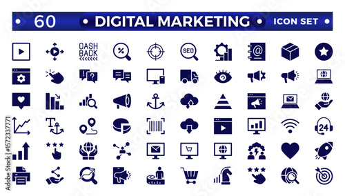 Digital marketing solid icons set. Content, search, marketing, e-commerce, seo, electronic devices, internet, analysis, social solid icon set.
