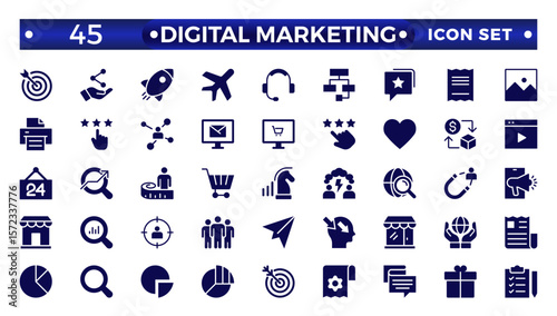 Digital marketing solid icons set. Content, search, marketing, e-commerce, seo, electronic devices, internet, analysis, social solid icon set.
