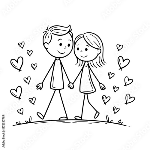 Love's Gentle Stroll: A heartwarming cartoon illustration of a couple, hand in hand, walking amidst a shower of delicate hearts, perfect for conveying the essence of love and companionship.