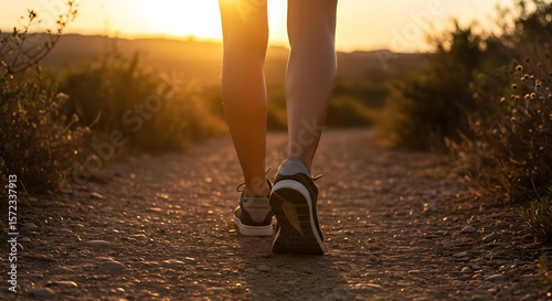 Low angle view of person walking into a bright sunset, on a rural track.

