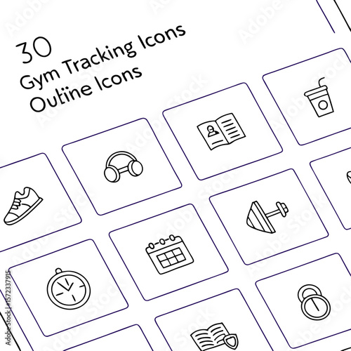 A collection of fitness and health tracking icons displayed in a grid format with a clean outline style