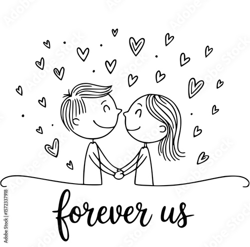 Forever Us: Heart-shaped symbols shower around two smiling lovers, hand in hand, with the words forever us gracefully displayed at the bottom.