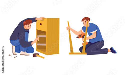 Men Engaging in the Assembly and Repair of Various Wooden Furniture Pieces and Structures