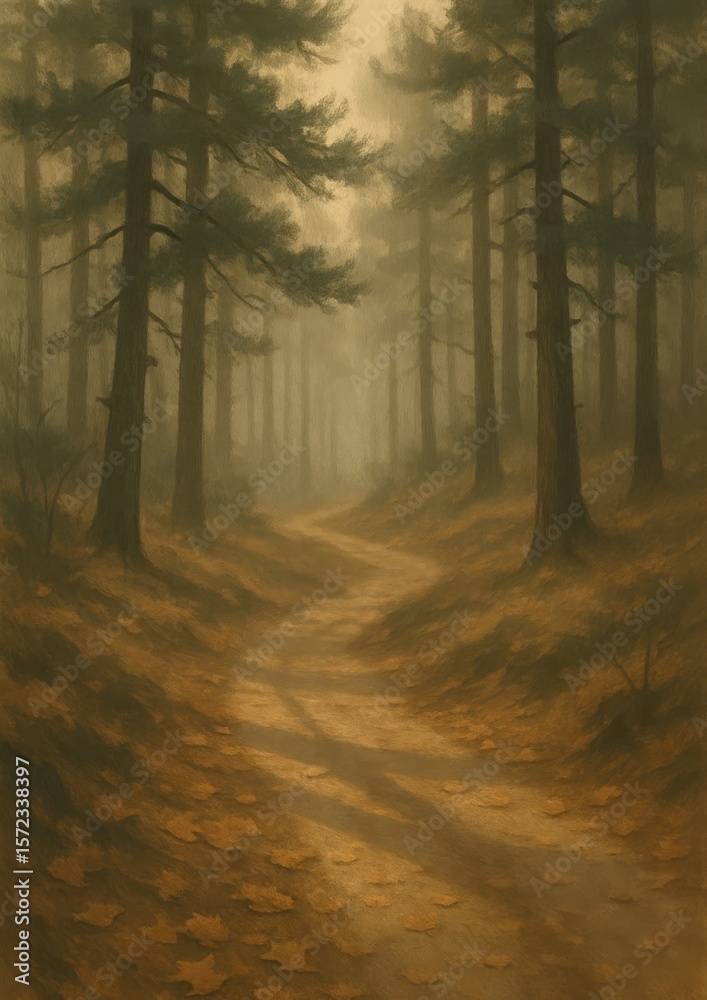 Naklejka premium Misty forest path in autumn.