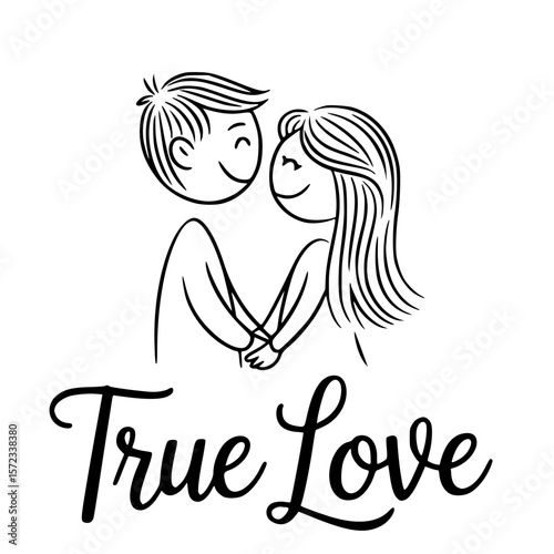 Embracing Love: A line drawing of a couple's tender embrace, intertwined hands and radiant smiles against a background.