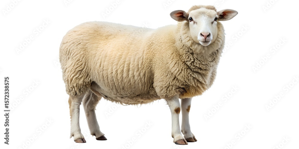 Fototapeta premium Cute young domestic sheep and lambs isolated on white background, standing and looking in front