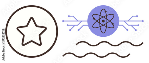 Atomic nucleus with branching circuits, single-line star inside a circle, wavy lines. Ideal for science, innovation, creativity, energy, connection, technology education simple flat metaphor