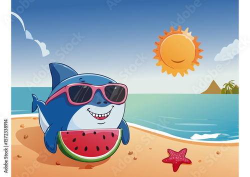 A cute baby shark wearing sunglasses sunbathing on the beach.2