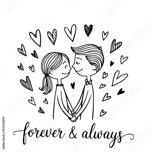 Love's Embrace: Charming illustration depicts two figures, enveloped by a wreath of hearts, hand in hand with a message of forever & always.