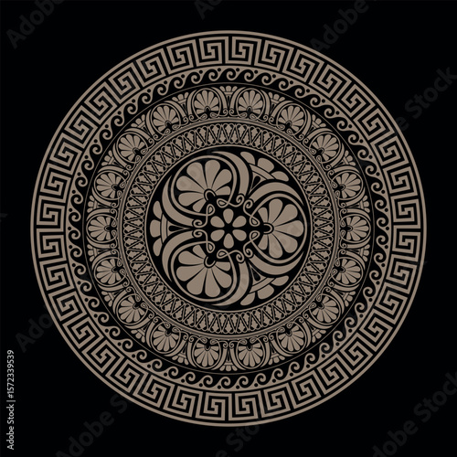 Openwork gold round frame in ancient Greek style on black background. Greek meander. Round ornament. Patterns of Greece, Ancient Rome. Vector Greek style. For textiles, embroidery, porcelain, ceramics