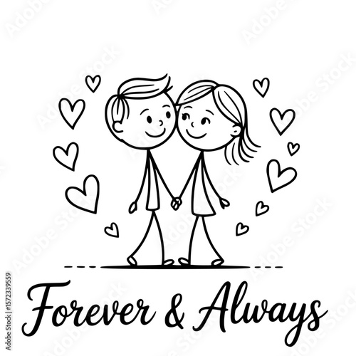 Eternal Bond: A heartwarming illustration of a couple in love, hand in hand, encircled by hearts, representing everlasting love and commitment.
