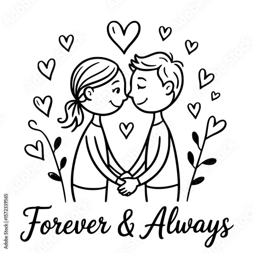 Eternal Devotion: A heartwarming monochrome illustration captures a tender moment between two souls, intertwined hands and surrounded by delicate hearts, expressing a timeless connection and vow. 