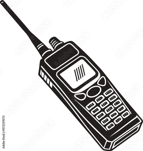 Vector art of a black walkie talkie is ready for communication with its antenna