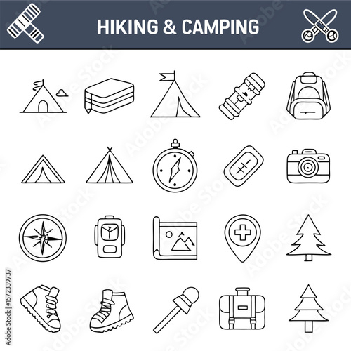 Line art illustration featuring camping and hiking icons including tents backpacks and compasses in black and white